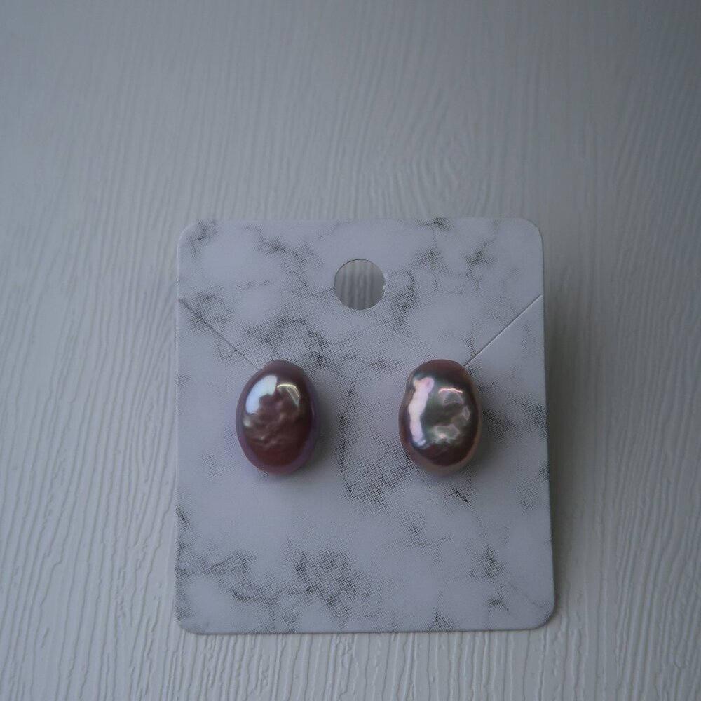 Lovely Mauve Oval Shape Natural Freshwater Pearl Studs - Sterling Silver - Picture 1 of 5